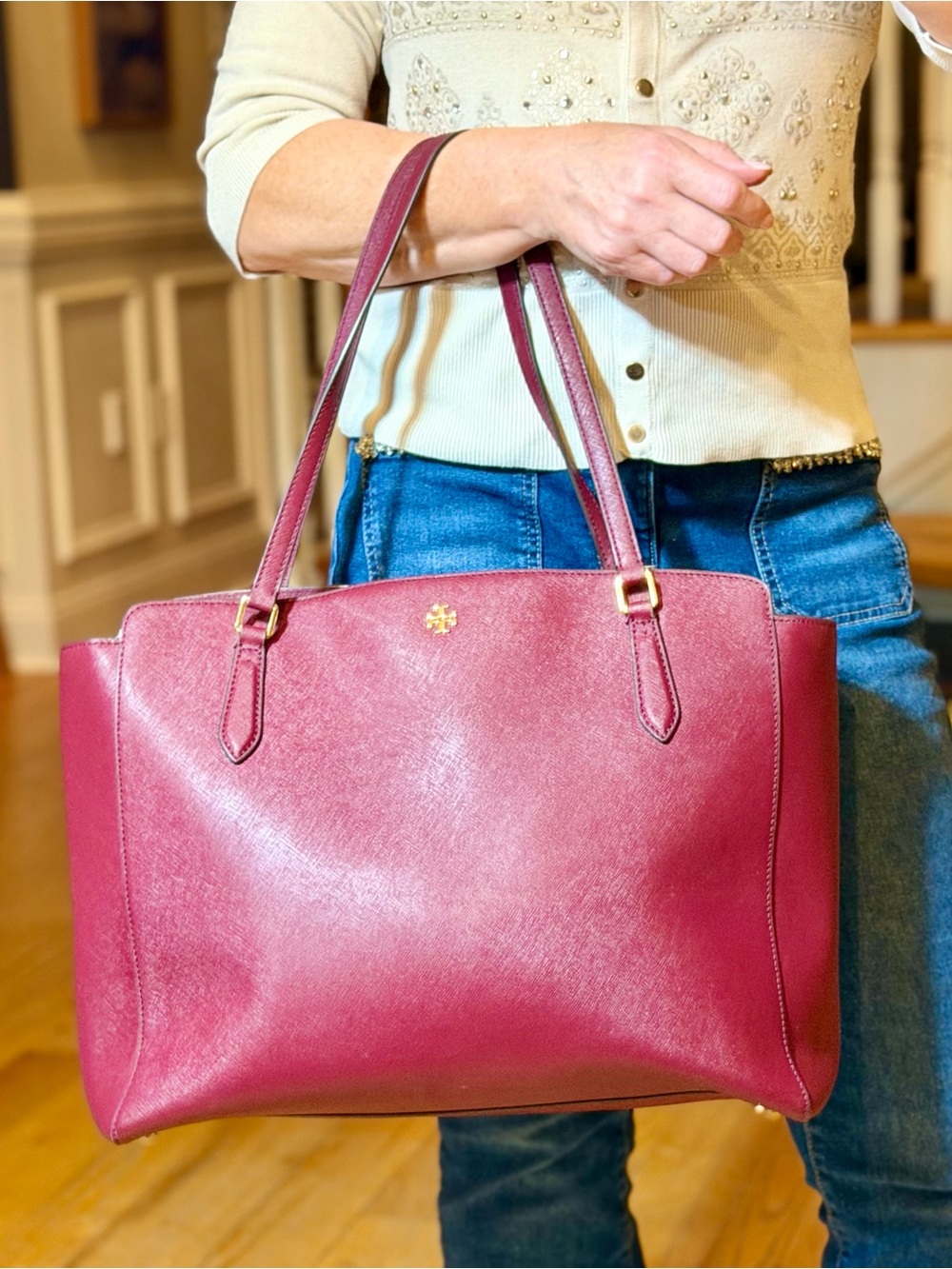 Tory Burch Classic Emerson Saffiano Leather Tote Burgundy Imperial Merlot